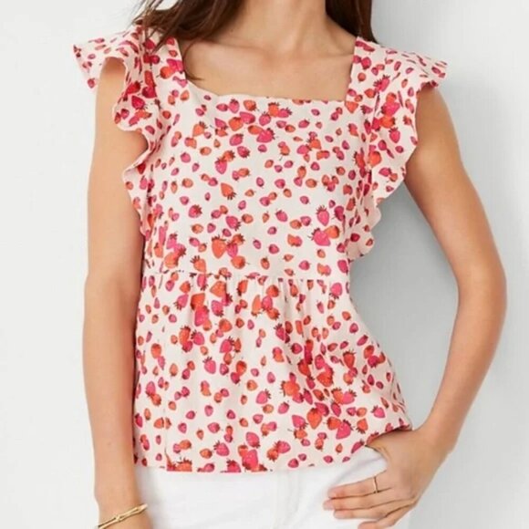 Ann Taylor strawberry print linen blend top - Picture 1 of 9